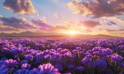 Wall Mural - a large field of purple flowers at sunset