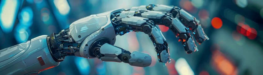 Wall Mural - Close-up of a robotic arm with intricate mechanical details, set against a futuristic backdrop with vibrant colors and lights.