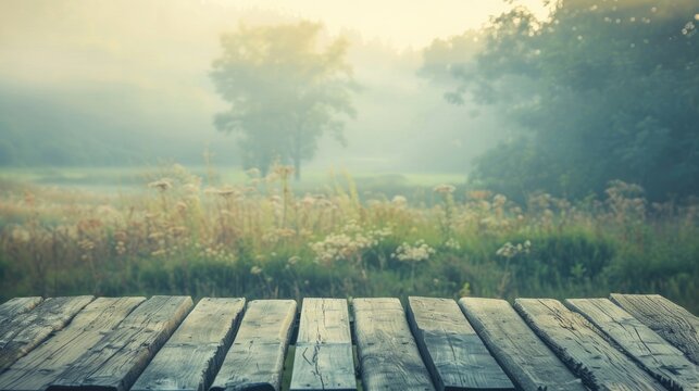 Message on wooden planks in misty morning natural scenery