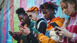 © Gregorii - Group of diverse teenagers using smartphones against a colorful mural background. Modern youth culture and digital connectivity.