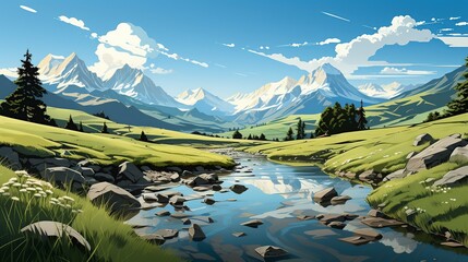 A pristine alpine meadow with wildflowers and a clear mountain stream, framed by towering snow-capped peaks under a bright blue sky. Illustration, Minimalism,