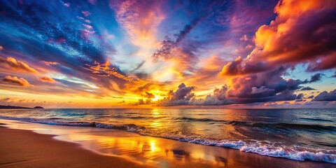 Wall Mural - Realistic sunset on a tranquil beach with dramatic colorful skies , sunset, beach, realistic, peaceful, tranquil, ocean