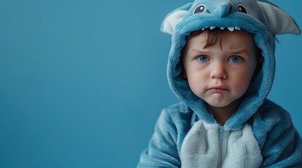 Adorable boy in shark costume against blue backdrop