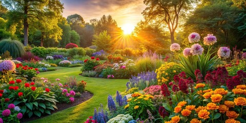 Wall Mural - Vibrant garden with colorful flowers and lush greenery illuminated by the warm glow of the setting sun , sunset, garden, flowers