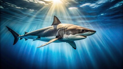 A menacing shark swimming in clear blue water, predator, ocean, teeth, fins, underwater, marine life, danger, wildlife