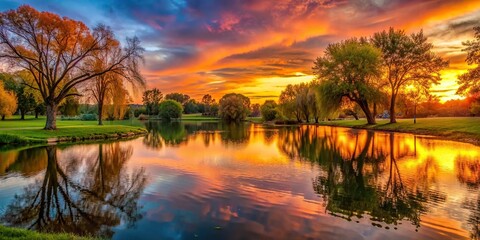 Wall Mural - Vibrant sunset casting warm hues on trees and pond in the park , sunset, park, trees, pond, nature, colors, sky, dusk