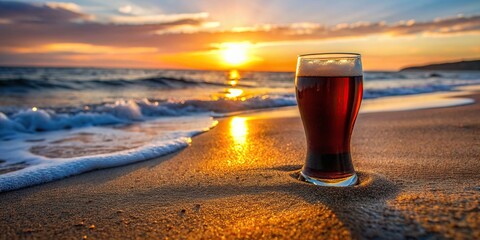 Wall Mural - Glass of dark beer on a sandy beach at sunset with copy space, sunset, beer, drink, relaxation, vacation, beach, tranquil