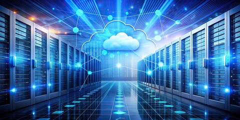 Wall Mural - Cloud computing technology concept with digital data storage, network connections, and virtual servers, cloud, computing