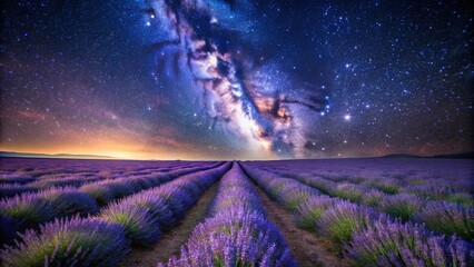 Wall Mural - The Milky Way galaxy shining brightly over a beautiful field of lavender , astronomy, stars, night sky, lavender fields