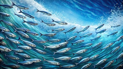 Blue water waves pattern with sardines swimming, sea, ocean, underwater, pattern, texture, background, marine life, fish, school
