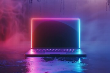Aufkleber - Laptop with Neon Lights on a Purple Background