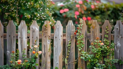 Wooden house fence style with plant flower park yard.