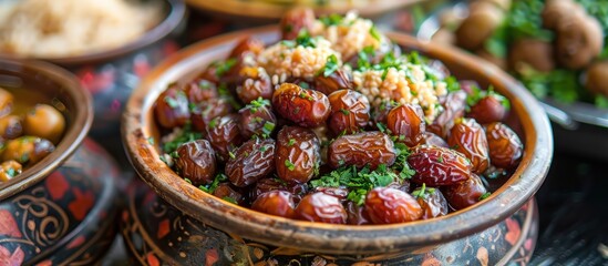 Dates in a Wooden Bowl with Parsley and Sesame Seeds