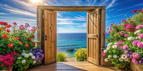 Wall Mural - Wooden door with colorful flowers overlooking serene ocean, wooden door, flowers, colorful, serene, ocean, sea, view