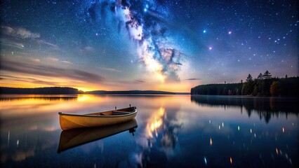 Wall Mural - Canoe floating on calm lake under starry night sky , canoe, lake, night, landscape, stars, peaceful, tranquil, serene