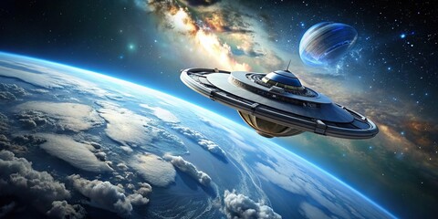 Wall Mural - Spaceship orbiting around planet Earth in the sky, spaceship, orbit, planet Earth, space, outer space