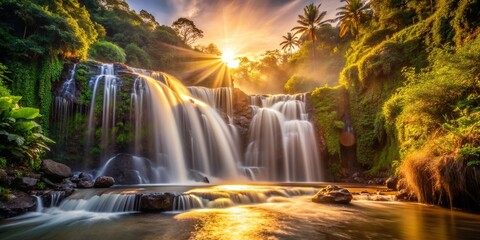 Canvas Print - Sunrise at Bali waterfall with golden light illuminating the cascading water, Bali, sunrise, waterfall, golden light