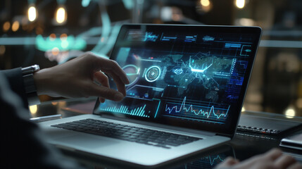 Poster - business financial data management system virtual display over a laptop, digital software technology 