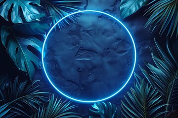 Poster - blue neon circle framed by lush tropical foliage
