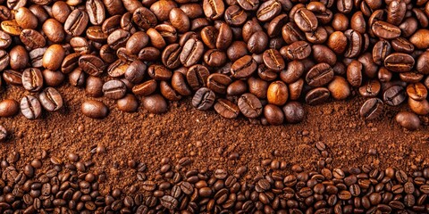 Wall Mural - Coffee beans spilled on the ground , coffee, beans, ground, spilled, texture, background, fresh, aroma, roasted, caffeine, brown