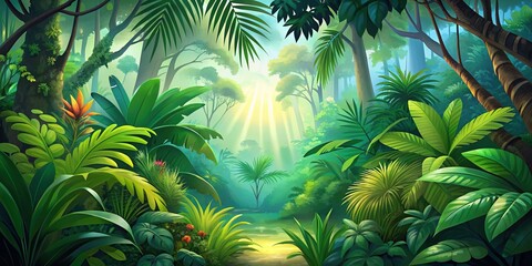 Lush and vibrant of a jungle, jungle, rainforest, exotic, tropical, foliage, wildlife, colorful, lush, dense, nature, adventure