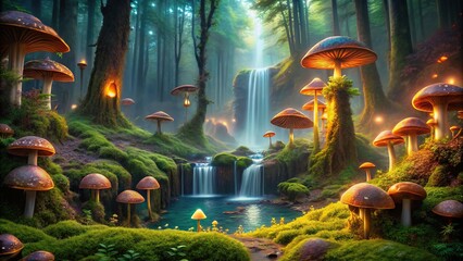Sticker - Enchanted forest with glowing mushrooms and majestic waterfalls, Fantasy, landscape, mystical, magical, ethereal, enchanted
