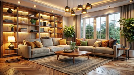 Wall Mural - Cozy living room interior with comfortable furniture and soft lighting, cozy, living room, interior, furniture, comfortable