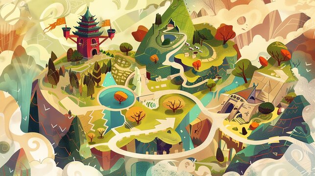 fantasy quest flat design, top view, fantasy theme, cartoon drawing, triadic color scheme