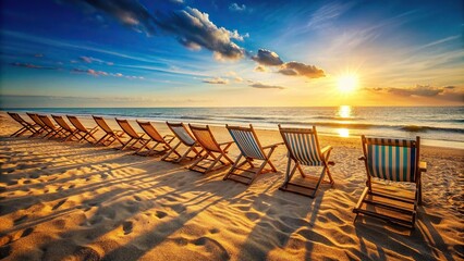 Canvas Print - Chairs scattered on a sandy beach under the sun , vacation, relaxation, coastal, summer, ocean, holiday, tropical, wooden