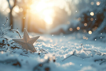 Poster - Winter sunrise casting a golden glow on a snow-covered star, symbolizing hope and renewal in the cold season.