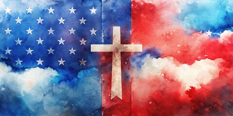 Abstract patriotic cross with U.S. flag colors on red and blue watercolor background, cross, patriotic, abstract, U.S. flag