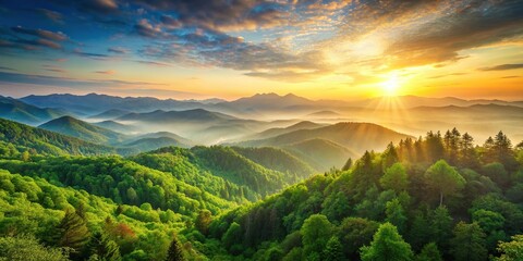 Wall Mural - Sunrise over the lush green mountains with a tranquil forest below, sunrise, mountains, green, forest