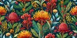 © rattinan - Kangaroo Paw, Waratah and Wattle flowers create a vibrant Australia-themed pattern background, Australia, flowers