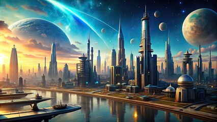 Wall Mural - Futuristic cityscape on an alien planet with advanced technology , alien, planet, futuristic, civilization