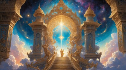 Poster - A celestial staircase ascending to the heavens, with golden gate and columns with shimmering light