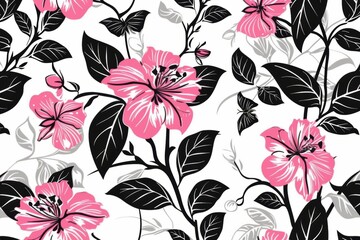 A black and white floral print with pink flowers