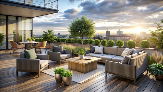 Rooftop terrace furnished with modern outdoor furniture, rooftop, terrace, modern, outdoor, furniture, urban, city