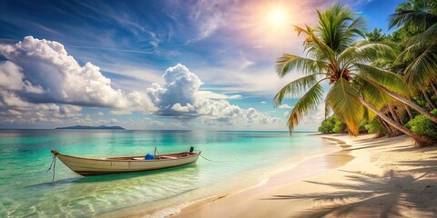 Wall Mural - Breathtaking tropical beach scene with boat on seashore, clay-like texture, soft colors, render, tropical, beach, scene