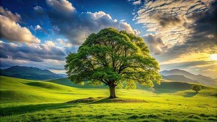 Wall Mural - Lush green landscape with a solitary tree standing tall , nature, scenic, outdoors, environment, foliage, leaves, branches