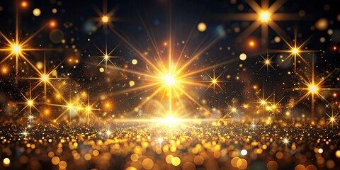 Abstract glowing bokeh light with shining stars, sun particles, and sparks on a black background, light, abstract