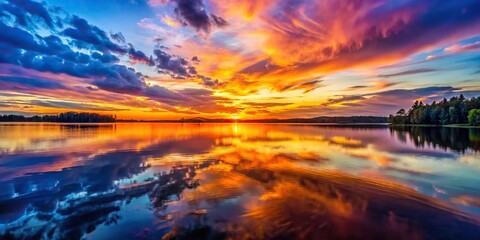 Wall Mural - Vibrant sunset reflecting on the calm lake surface, sunset, lake, water, reflections, calming, serenity, dusk, evening, nature