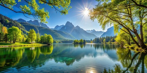 Wall Mural - Beautiful landscape of trees, mountains, and water on a sunny day, nature, outdoors, scenery, earth, environment, wilderness