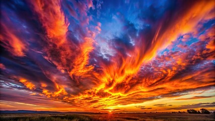 Wall Mural - Dramatic sunset with colorful fire in the sky , fiery, clouds, sunset, horizon, vibrant, orange, red, gold, dusk, nature