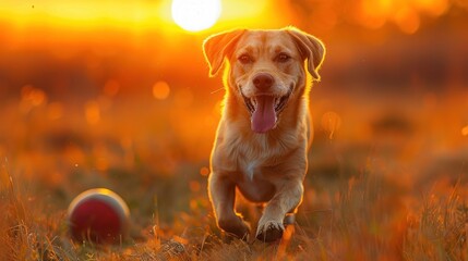 Wall Mural - A dog is running in a field with a red ball in its mouth