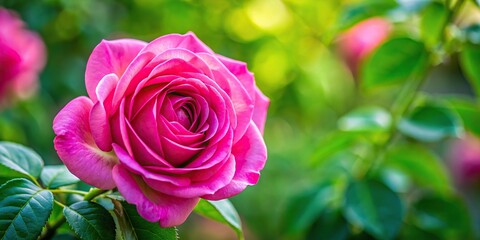 Wall Mural - Close-up of vibrant pink rose with lush green leaves against soft out-of-focus background, showcasing elegance and beauty, rose