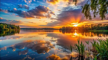 Wall Mural - Sunset casting a warm glow over a tranquil lake , sunset, lake, nature, reflection, water, evening, dusk, peaceful, tranquil, beauty