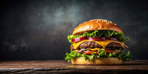 Juicy gourmet burger on a dark background, burger, juicy, food, delicious, meal, dark, background, fast food, meat, beef, lettuce
