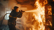 © adan - Fireman extinguish fire with the hose. Burning house Firefighters rescue team extinguishing fire building. Fireman extinguish fire with the hose. Burning house fire drill, Generative AI