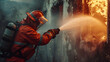 © adan - Fireman extinguish fire with the hose. Burning house Firefighters rescue team extinguishing fire building. Fireman extinguish fire with the hose. Burning house fire drill, Generative AI