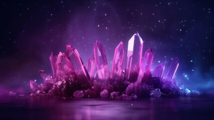 Wall Mural - Crystal display with prismatic light effects, ethereal glow, galaxy backdrop